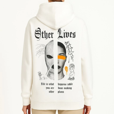 Kapşonlu Sweatshirt – Oversize Üç İplik Şardonlu Hoodie, “Other Lives” Ön  Arka Baskılı, Kanguru Cepli, Kışlık Rahat Günlük Stil - Beyaz -