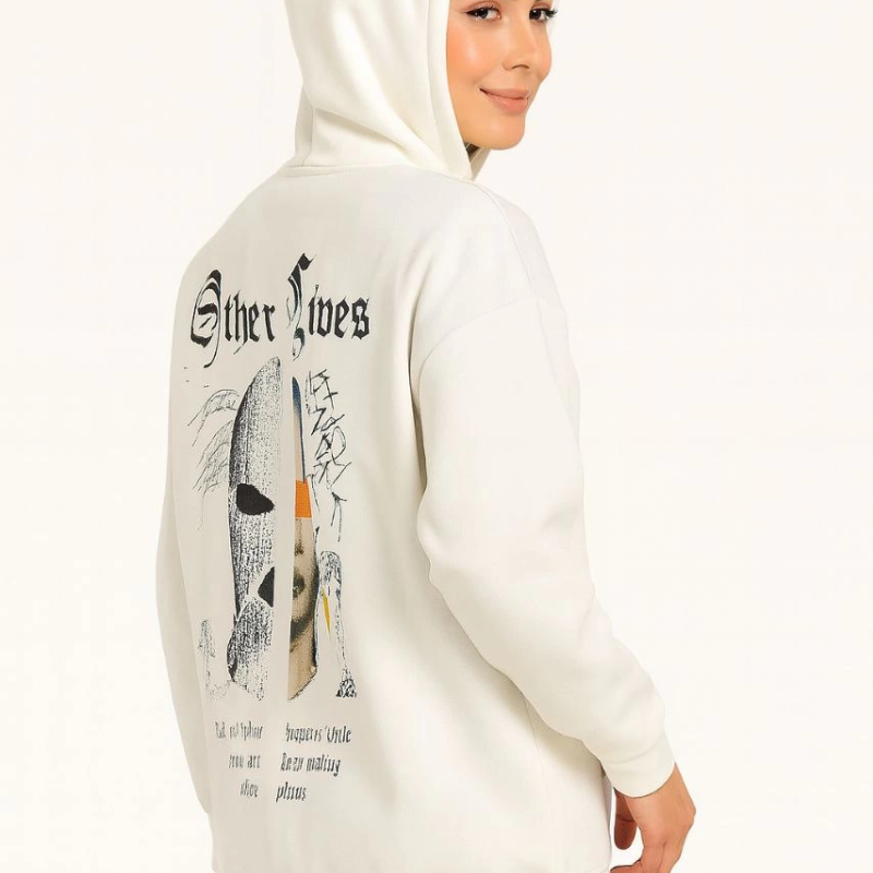 Kapşonlu Sweatshirt – Oversize Üç İplik Şardonlu Hoodie, “Other Lives” Ön  Arka Baskılı, Kanguru Cepli, Kışlık Rahat Günlük Stil - Beyaz -