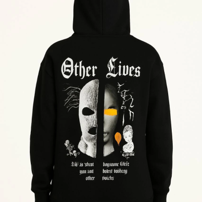 Kapşonlu Sweatshirt – Oversize“Other Lives” Ön  Arka Baskılı, Siyah -