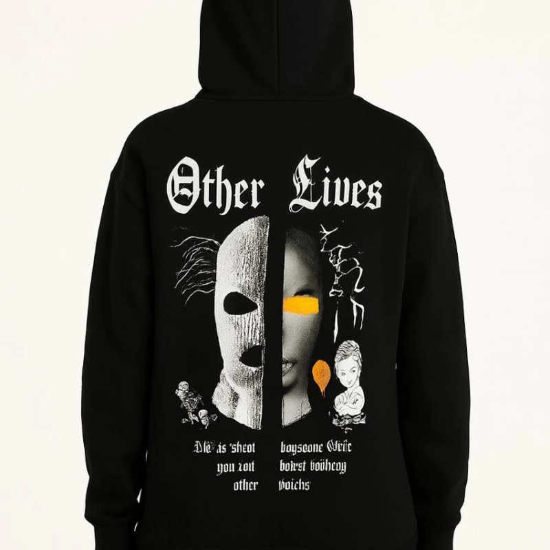 Kapşonlu Sweatshirt – Oversize“Other Lives” Ön  Arka Baskılı, Siyah -