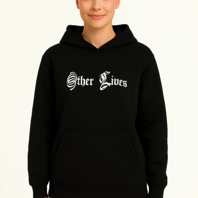 Kapşonlu Sweatshirt – Oversize“Other Lives” Ön  Arka Baskılı, Siyah -