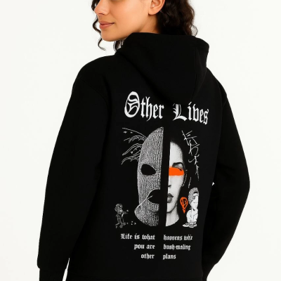 Kapşonlu Sweatshirt – Oversize“Other Lives” Ön  Arka Baskılı, Siyah -