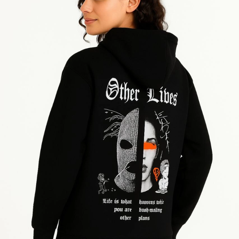 Kapşonlu Sweatshirt – Oversize“Other Lives” Ön  Arka Baskılı, Siyah -