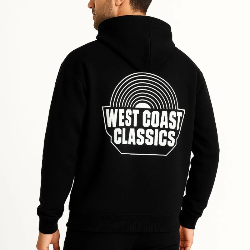 Kapşonlu Sweatshirt – “West Coast Classics” Ön  Arka Baskılı,- Siyah -