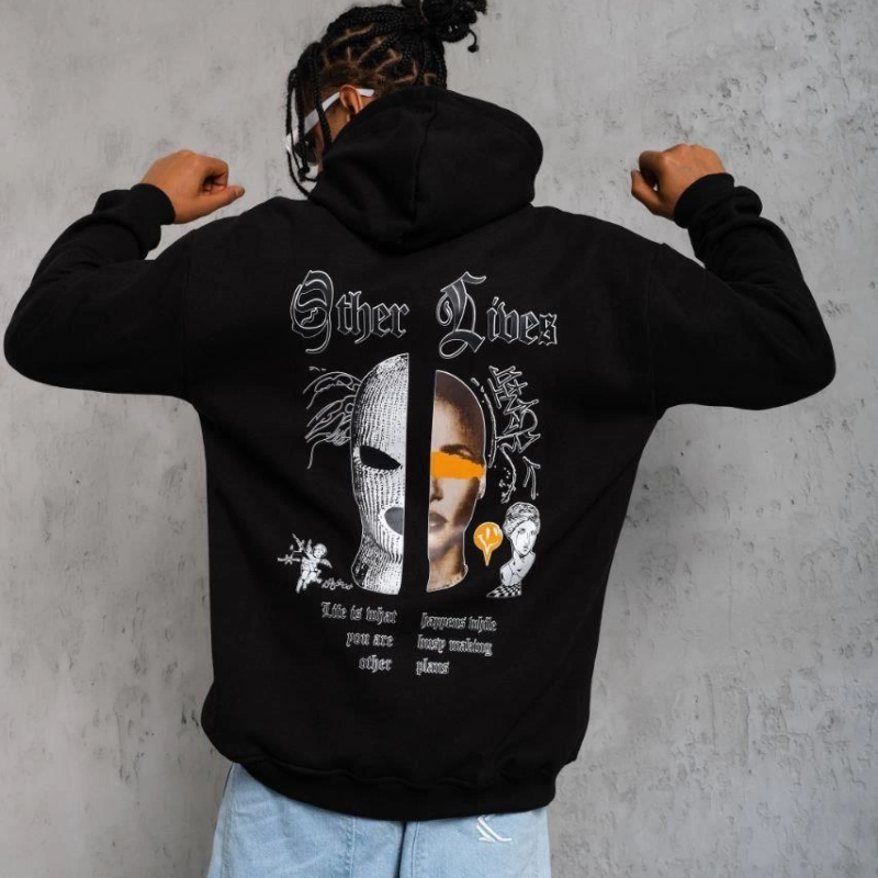 Kapşonlu Sweatshirt“Other Lives” Ön  Arka Baskılı Siyah -