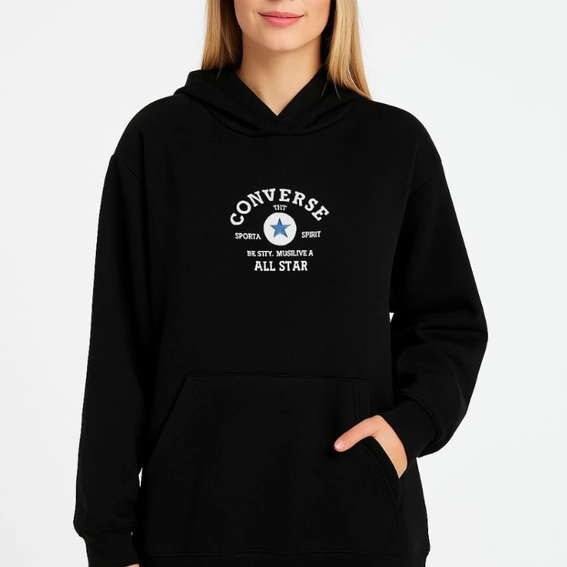 Kapşonlu SweatshirtOversize Fit, Ön  Arka Baskılı, Siyah -