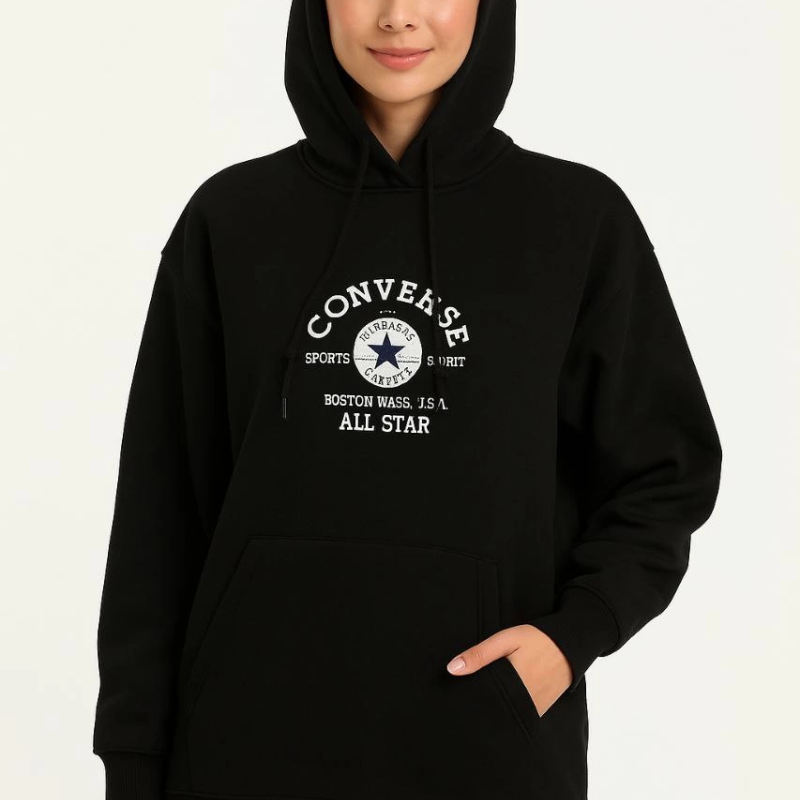 Kapşonlu SweatshirtOversize Fit, Ön  Arka Baskılı, Siyah -