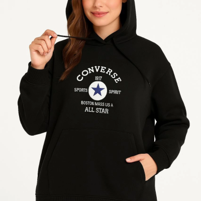 Kapşonlu SweatshirtOversize Fit, Ön  Arka Baskılı, Siyah -