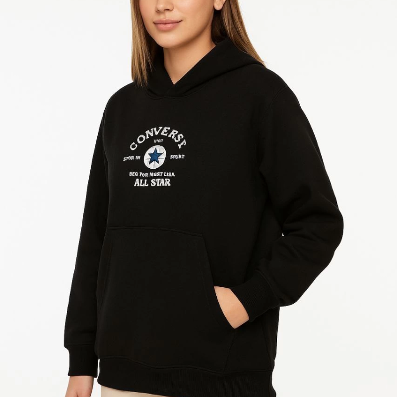 Kapşonlu SweatshirtOversize Fit, Ön  Arka Baskılı, Siyah -