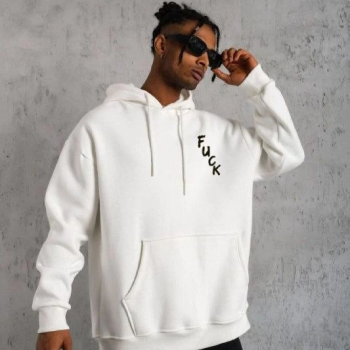 Kapşonlu Uzun Kol Baskılı Sweetshirt - Beyaz -