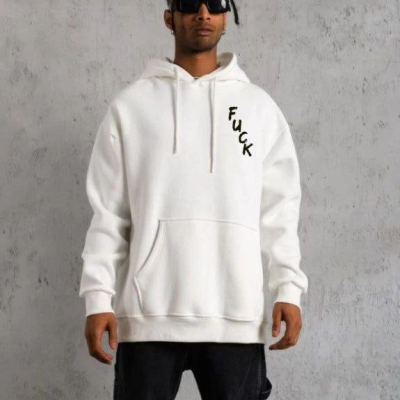 Kapşonlu Uzun Kol Baskılı Sweetshirt - Beyaz -