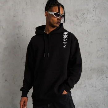 Kapşonlu Uzun Kol Baskılı Sweetshirt - Siyah -