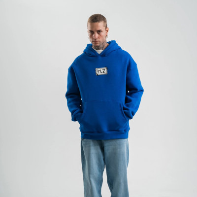 Kapşonlu Uzun Kol Patchli Nakışlı SweatShirt - Mavi -