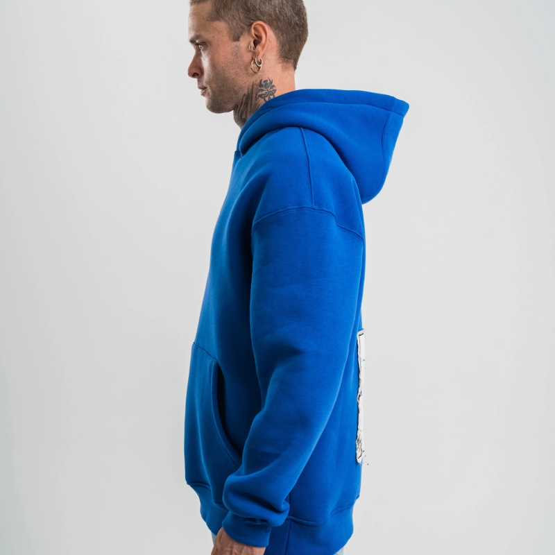 Kapşonlu Uzun Kol Patchli Nakışlı SweatShirt - Mavi -