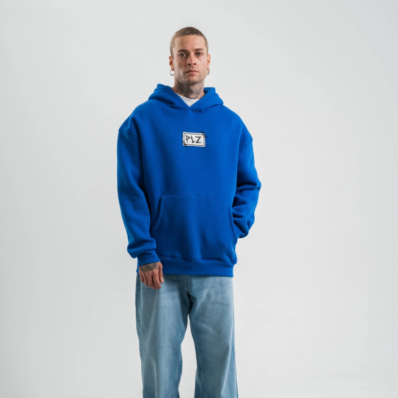 Kapşonlu Uzun Kol Patchli Nakışlı SweatShirt - Mavi -