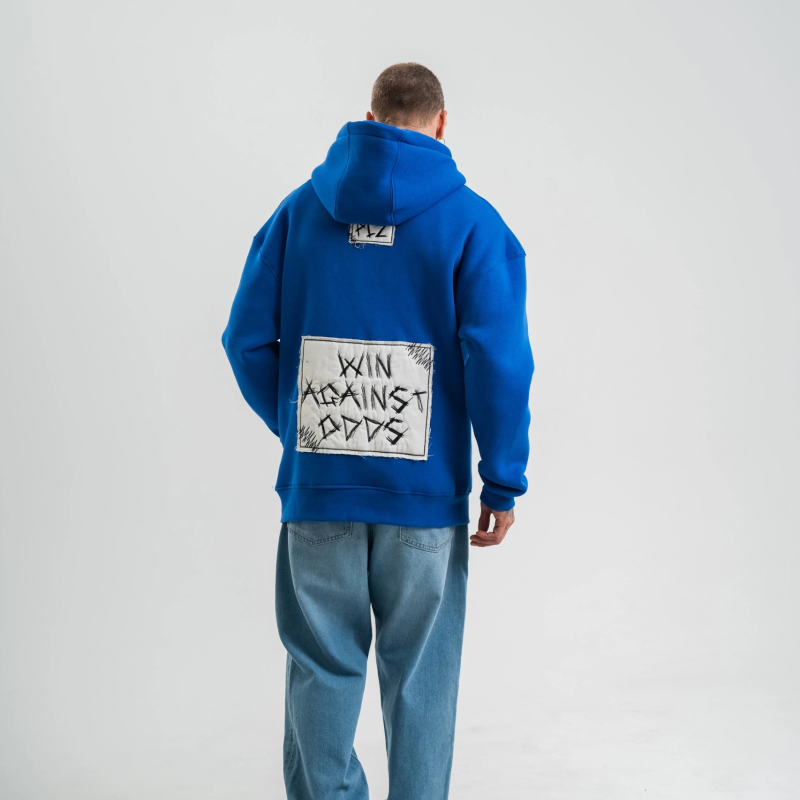 Kapşonlu Uzun Kol Patchli Nakışlı SweatShirt - Mavi -