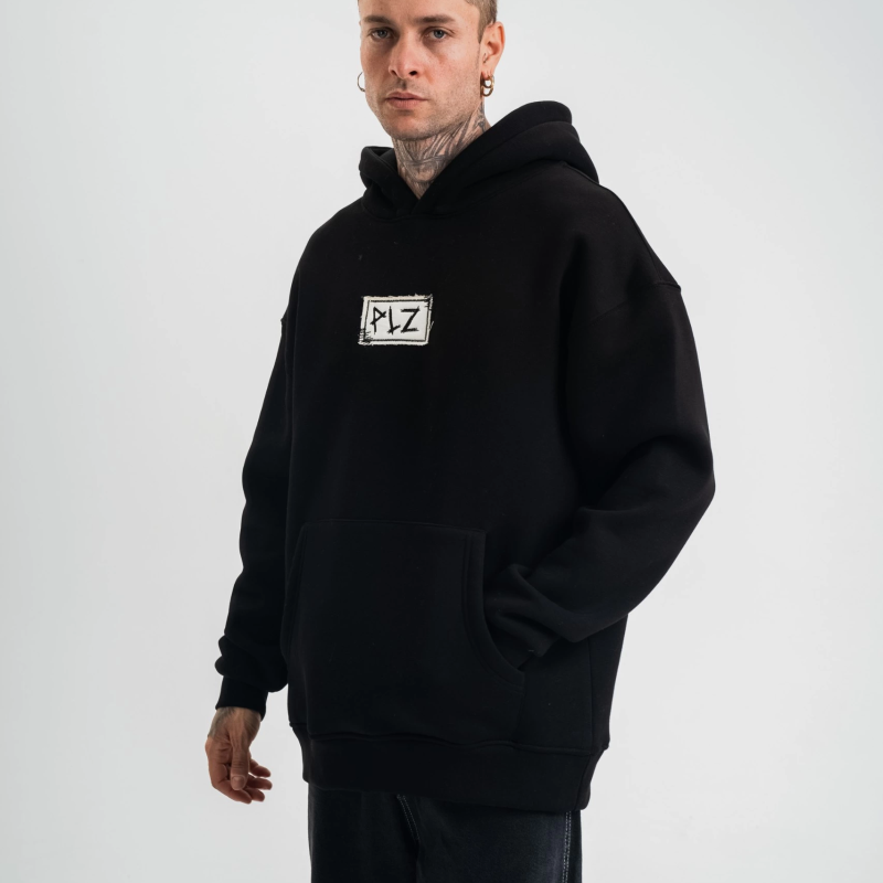 Kapşonlu Uzun Kol Patchli Nakışlı SweatShirt - Siyah