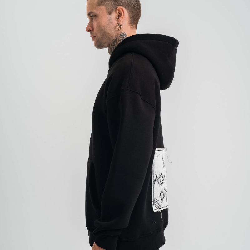 Kapşonlu Uzun Kol Patchli Nakışlı SweatShirt - Siyah