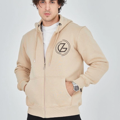 Kapüşonlu Baskılı Fermuarlı Hırka - Bej -