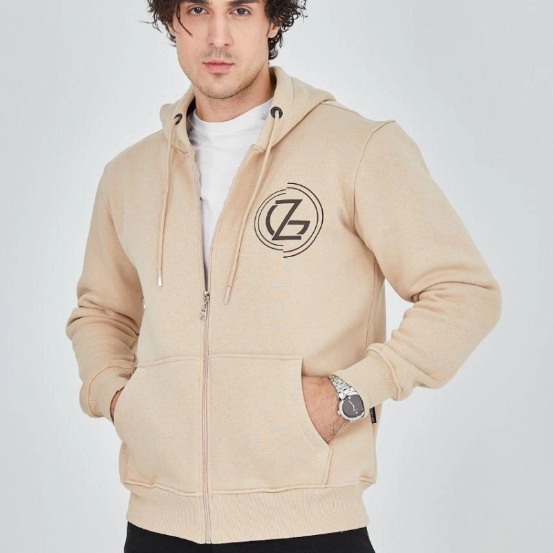 Kapüşonlu Baskılı Fermuarlı Hırka - Bej -