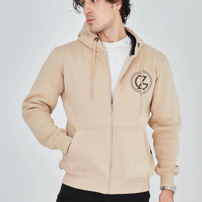 Kapüşonlu Baskılı Fermuarlı Hırka - Bej -