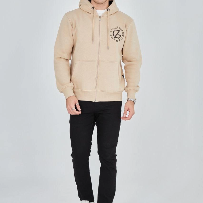 Kapüşonlu Baskılı Fermuarlı Hırka - Bej -