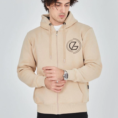 Kapüşonlu Baskılı Fermuarlı Hırka - Bej -