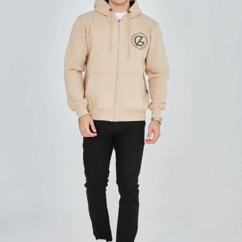 Kapüşonlu Baskılı Fermuarlı Hırka - Bej -