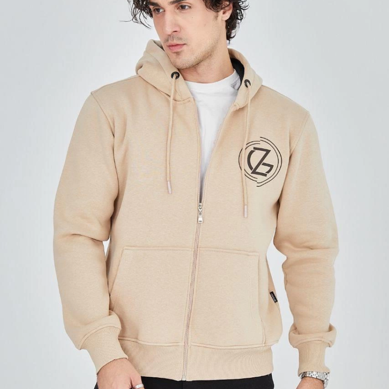 Kapüşonlu Baskılı Fermuarlı Hırka - Bej -