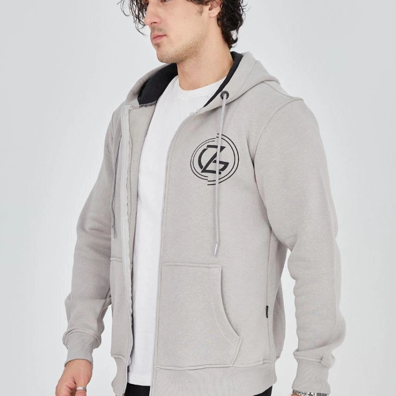 Kapüşonlu Baskılı Fermuarlı Hırka - Boyalı Gri