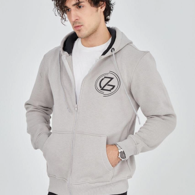 Kapüşonlu Baskılı Fermuarlı Hırka - Boyalı Gri