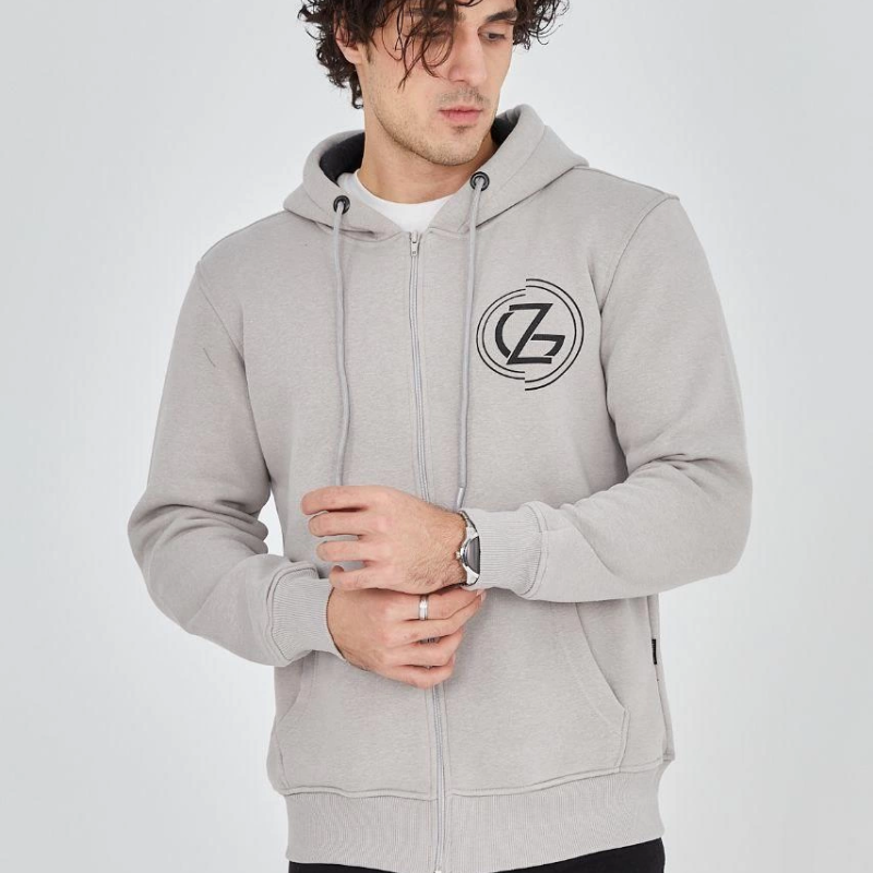 Kapüşonlu Baskılı Fermuarlı Hırka - Boyalı Gri