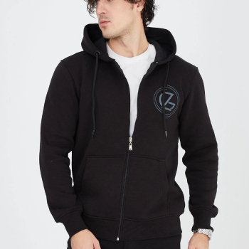 Kapüşonlu Baskılı Fermuarlı Hırka - Siyah -