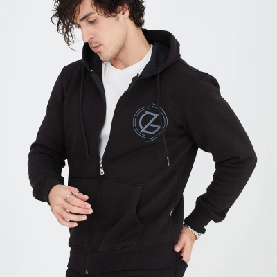 Kapüşonlu Baskılı Fermuarlı Hırka - Siyah -