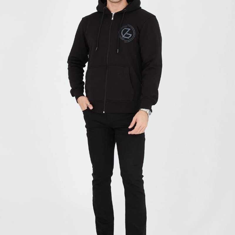 Kapüşonlu Baskılı Fermuarlı Hırka - Siyah -