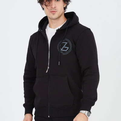 Kapüşonlu Baskılı Fermuarlı Hırka - Siyah -