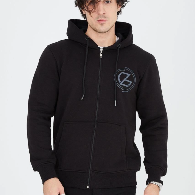 Kapüşonlu Baskılı Fermuarlı Hırka - Siyah -