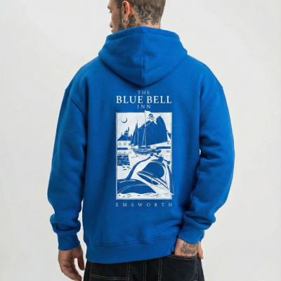 Kapüşonlu Double Oversize Hoodie – Üç İplik Pamuklu, Deniz ve Yelken Baskılı, Kanguru Cepli Premium Sweatshirt - Saks Mavi