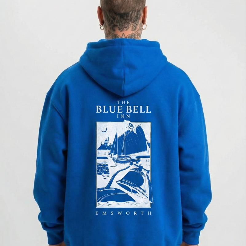 Kapüşonlu Double Oversize Hoodie – Üç İplik Pamuklu, Deniz ve Yelken Baskılı, Kanguru Cepli Premium Sweatshirt - Saks Mavi