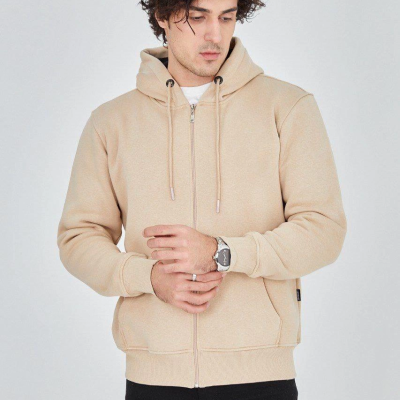 Kapüşonlu Düz Fermuarlı Hırka - Bej