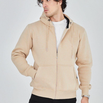 Kapüşonlu Düz Fermuarlı Hırka - Bej