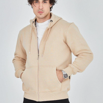 Kapüşonlu Düz Fermuarlı Hırka - Bej