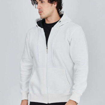 Kapüşonlu Düz Fermuarlı Hırka - Beyaz