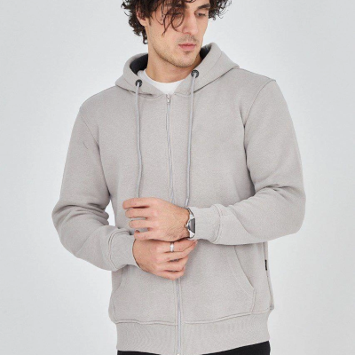 Kapüşonlu Düz Fermuarlı Hırka - Boyalı Gri