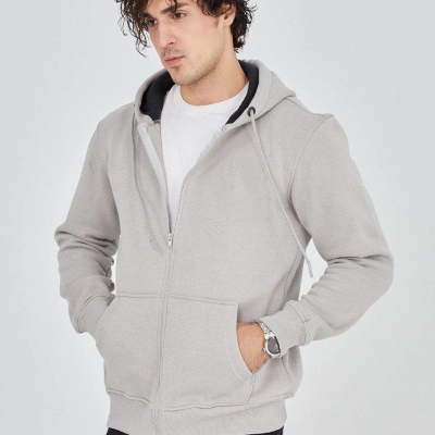 Kapüşonlu Düz Fermuarlı Hırka - Boyalı Gri