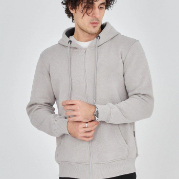 Kapüşonlu Düz Fermuarlı Hırka - Boyalı Gri