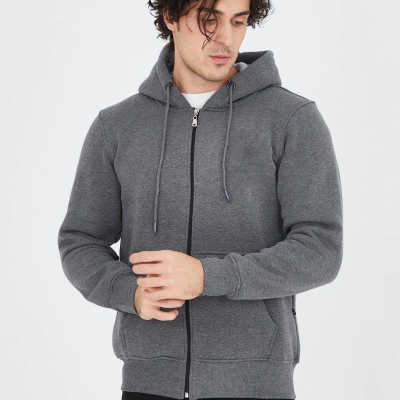 Kapüşonlu Düz Fermuarlı Hırka - Füme