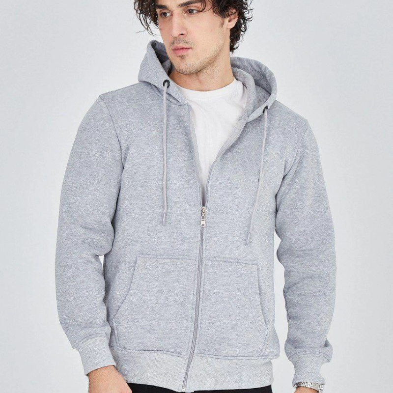 Kapüşonlu Düz Fermuarlı Hırka - Gri