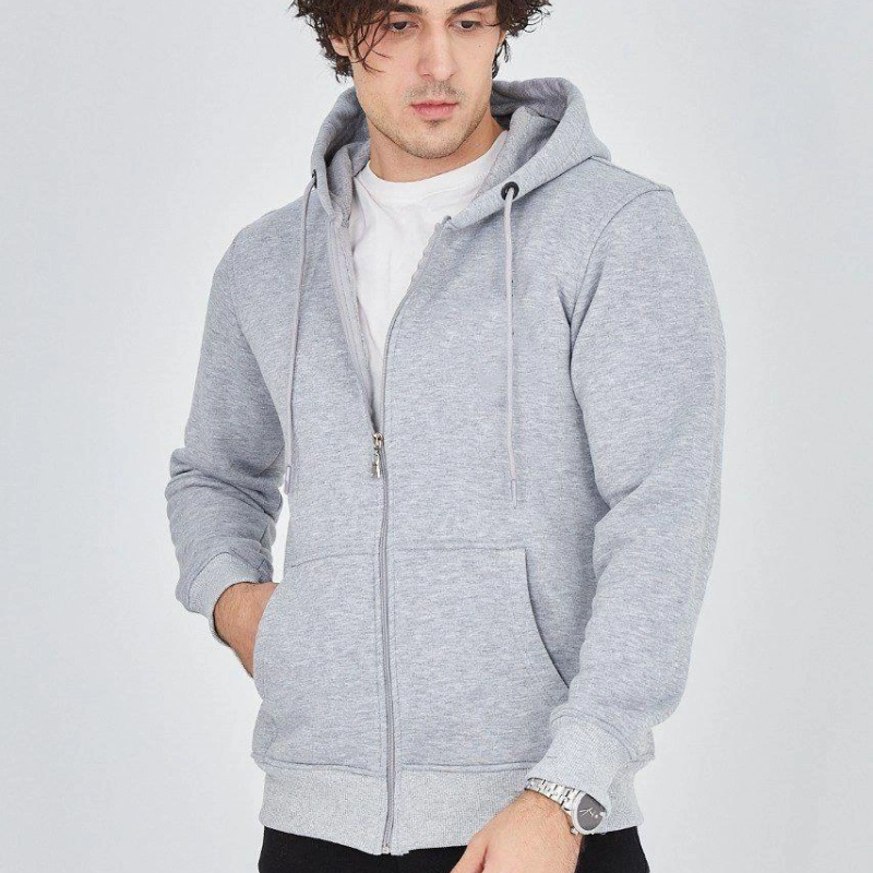 Kapüşonlu Düz Fermuarlı Hırka - Gri