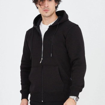 Kapüşonlu Düz Fermuarlı Hırka - Siyah -